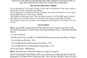 Quyết định 21/2001/QĐ-BCN chuyển công ty may Hòa bình thành công ty cổ phần may Hòa bình sửa đổi Quyết định  08/2001/QĐ-BCN