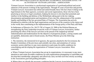Directive No. 06/2001/CT-TTg of April 09, 2001 promulgated by the Prime Miniter of Government, on the implementation of measures to promote and raise effect of activities of Vietnam Lawyers Association.