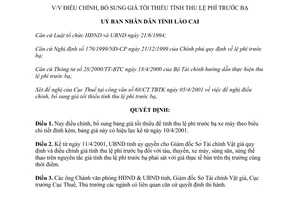 Quyết định 117/2001/QĐ.UB điều chỉnh bảng giá tối thiểu tính thu lệ phí trước bạ Lào Cai