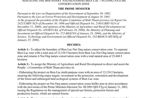 Decision No.50/2001/QD-TTg, adjusting the boundary and renaming Bien Lac - Nui Ong Nature Conservation Zone, promulgated by the Prime Minister of Government.
