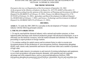 Decision No.51/2001/QD-TTg, ratifying the 2001-2005 five-year plan on the development of Vietnam's chemical industry, promulgated by the Prime Minister of Government.