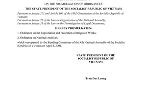 Order No. 03/2001/L-CTN of April 15, 2001 promulgated by The State President on the promulgation of Ordinances