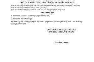 Lệnh công bố Pháp lệnh khai thác và bảo vệ công trình thủy lợi; Pháp lệnh lưu trữ quốc gia  03/2001/L/CTN