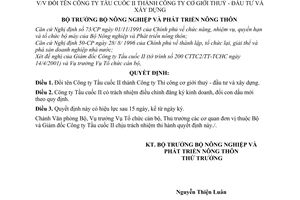 Quyết định 43/2001/QĐ/BNN-TCCB đổi tên Công ty Tầu cuốc II thành công ty Cơ giới thuỷ - đầu tư và xây dựng