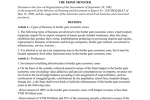 Decision No. 53/2001/QD-TTg of April 19, 2001 promulgated by The Ministry of Government on Policies toward border gate economic zones.