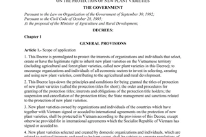 Decree No. 13/2001/ND-CP of April 20, 2001 promulgated by The Prime Minister of Government, on the protection of new plant varieties.
