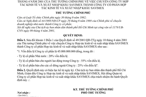 Quyết định 56/2001/QĐ-TTg chuyển công ty hợp tác kinh tế và xuất nhập khẩu SAVIMEX thành công ty cổ phần sửa đổi Quyết định 49/2001/QĐ-TTg