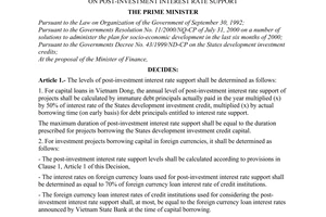 Decision No.58/2001/QD-TTg, on post-investment interest rate support, promulgated by the Prime Minister of Government