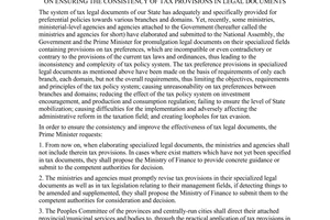 Dirrective No. 07/2001/CT-TTg, on ensuring the consistency of tax provisions in legal documents, promulgated by the Prime Minister of Government.