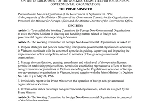 Decision No. 59/2001/QD-TTg, on the establishment of the Working Committee for foreign non-governmental organizations, promulgated by the Prime Minister of Government.