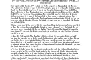 Chỉ thị 15/2001/CT-UB tăng cường công tác quản lý nhà nước đất đai, kiên quyết xử lý, thu hồi đất trường hợp vi phạm Luật đất đai địa bàn Hà Nội