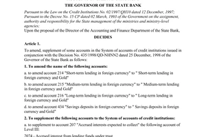 Decision No. 482/2001/QD-NHNN of April 24, 2001, on the amendment, supplement of some accounts in the system of accounts of credit institutions