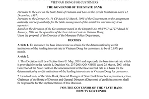 Decision No. 557/2001/QD-NHNN of April 26, 2001, on the announcement of the base interest rate as a basis for the determination by credit institutions of the lending interest rate in Vietnam Dong for customers