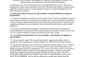 Circular No. 08/2001/TT-BYT of April 27, 2001 guiding the export and import of medical equipment subject to specialized management for the 2001-2005 period.