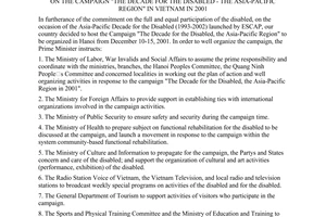 Directive No. 09/2001/CT-TTg of April 27, 2001 on the Campaign " The decade for the disabled - The Asia-pacific region" in Vietnam 2001.
