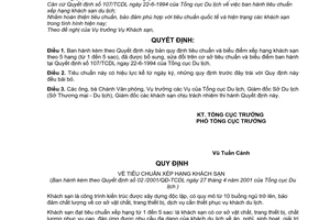 Quyết định 02/2001/QĐ-TCDL sửa đổi Tiêu chuẩn xếp hạng khách sạn