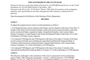 Decision No. 560/2001/QD-NHNN of April 27, 2001, on the adjustment of the required reserve ratios of credit institutions