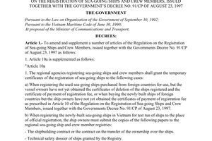 Decree No. 23/2001/ND-CP, promulgated by the Government, Amending and supplementing a number of articles  of the regulation on the registration of sea-going ships and crew members, issued together with the Government's Decree No. 91/CP of August 23, 1997.