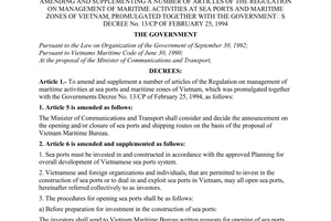 Decree No. 24/2001/ND-CP promulgated by the Government, amending and spplementing a number of articles of the regulation on management of maritime activities at sea ports and maritime zones of Vietnam, promulgated together with the Government's Decree No. 13/CP of February 25, 1994.