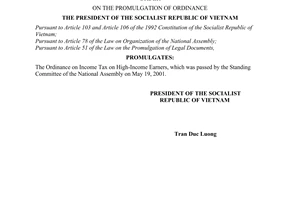 Order No. 05/2001/L-CTN, promulgated by the Ministry of Trade The President of the Socialist Republic of Vietnam on the promulgation of ordinance.