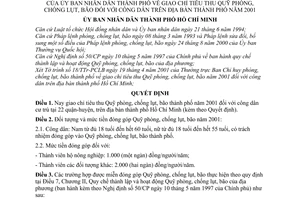 Quyết định 45/2001/QĐ-UB giao chỉ tiêu thu Quỹ phòng, chống lụt, bão đối với công dân địa bàn thành phố năm 2001