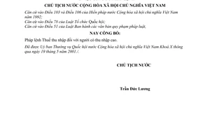 Lệnh  công bố pháp lệnh Thuế thu nhập đối với người có thu nhập cao 05/2001/L-CTN