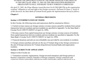 Circular No. 05/2001/TT-NHNN, guiding the implementation of the Prime Minister's Decision No. 61/2001/Qd-TTg of April 25, 2001 on the organization-resident's obligation to sell and right to buy foreign currencies.