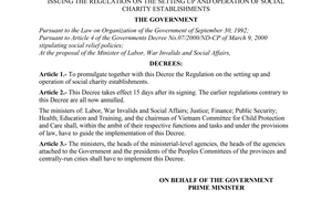 Decree No. 25/2001/ND-CP, issuing the regulation on the setting up and operation of social charity establishments.
