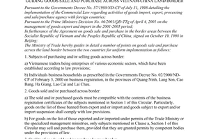 Circular No. 14/2001/TT-BTM of May 02, 2001 promulgated by The Ministry of Finance, guiding goods sale and purchase across Vietnam-Chine land border.