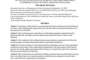 Decision No. 69/2001/QD-TTg of May 03, 2001 promulgated by The Prime Minister of Government, on the sale of preferential shares of industrial processing enterprises to raw material growers and sellers.