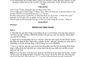 Nghị định 18/2001/NĐ-CP lập và hoạt động của các cơ sở văn hoá, giáo dục nước ngoài tại Việt Nam
