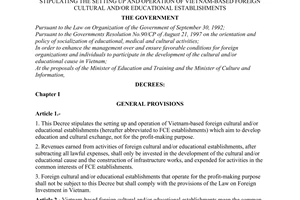 Decree No. 18/2001/ND-CP of May 04, 2001 promulgated by The Government, stipulating the setting up and operation of vietnam-based foreign cultural and/or educational establishments.