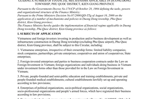 Circular No.29/2001/TT-BTC promulgated by the Ministry of Finance, guiding a number of financial mechanisms applicable in Duong Dong township, Phu Quoc district, Kien Giang province.