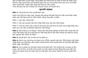 Quyết định 55/2001/QĐ-BNN/KNKL danh mục thức ăn chăn nuôi nguyên liệu dùng chế biến thức ăn chăn nuôi được nhập khẩu vào Việt Nam thời kỳ 2001-2005