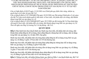 Quyết định 1541/2001/QĐ-BYT danh mục hoá chất diệt côn trùng khuẩn được đăng ký  hạn chế  cấm sử dụng trong gia dụng y tế năm 2001 tại Việt Nam