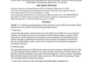 Decision No. 604/QD-TTg of May 17, 2001 promulgated by The Prime Minister of Government, ratifying the general planning on the construction of new Nghi Son township, Thanh Hoa province, up to 2020