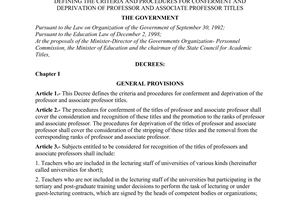 Decree No. 20/2001/ND-CP of May 17, 2001 promulgated by The Governmetnt, defining the criteria and procedures for conferment and deprivation of professor and associate professor titles