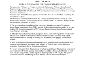 Joint circular No. 03/2001/TTLT/BKHDT-BCN-BTM, guiding the import of car components - form CKD1, passed by the Ministry of Industry, the Ministry of Planning and Investment, the Ministry of Trade.