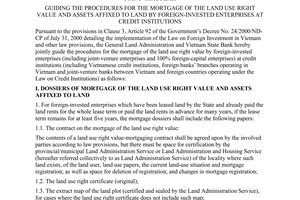 Joint Circular No. 772/2001/TTLT-TCDC-NHNN of May 21, 2001 guiding the procedures for the mortgage of the land use right value and assets affixed to land by foreign-invested enterprises at credit institutions.