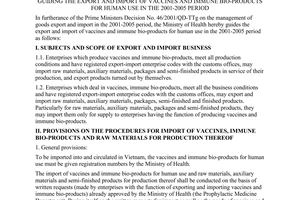 Circular No. 09/2001/TT-BYT of May 21, 2001 guiding the export and import of vaccines and immune bio-pruducts for human use in the 2001 - 2005 period.