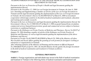 Circular No. 10/2001/TT-BYT of May 22, 2001, guiding foreign investment in the field of medical examination and treatment in Vietnam, promulgated by the Ministry of Public Health.