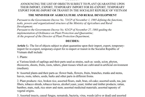 Decision No. 56/2001/QD/BNN of May 23, 2001 announcing the list of subject to plant quarantine upon their import, export, temporary import for re-export, temporary export for re-import or transit in The Socialist Republic of Vietnam.