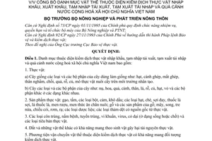 Quyết định số 56/2001/QĐ-BNN danh mục vật thể thuộc diện kiểm dịch thực vật nhập xuất khẩu tạm nhập tái xuất tạm xuất tái nhập quá cảnh Việt Nam