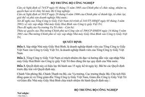 Quyết định 30/2001/QĐ-BCN sáp nhập Nhà máy Giấy Hoà Bình vào Công ty Giấy Việt Trì