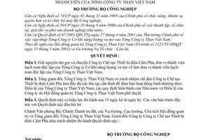 Quyết định 29/2001/QĐ-BCN chuyển Công ty Chế tạo Thiết bị điện Cẩm Phả về làm đơn vị thành viên của Tổng Công ty Than Việt Nam