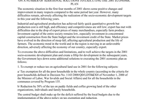 Resolution No.05/2001/NQ-CP, on a number of additional solutions to executing the 2001 economic plan, passed by the Government.
