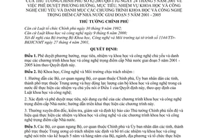 Quyết định 82/2001/QĐ-TTg duyệt mục tiêu nhiệm vụ khoa học công nghệ danh mục chương trình khoa học trọng điểm cấp Nhà nước giai đoạn 2001-2005