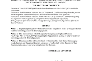 Decision No.711/2001/QD-NHNN, promulgating the regulation on the opening of letter of credit for importing goods with deferred payment.
