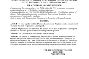 Decision No.425/2001/QD-BTS, promulgating the provisional regulation on the announcement of quality standards of specialized aquatic goods.