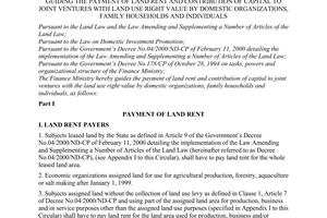 Circular No. 35/2001/TT-BTC promulgated by The Ministry of Finance, guiding the payment of land rent and contribution of capital to joint ventures with land use right value by domestic organizations, family households and individuals.